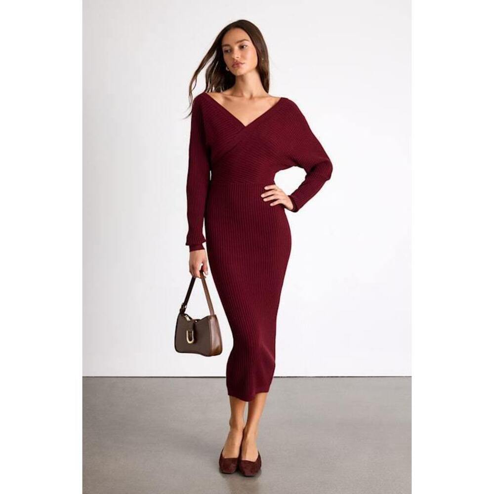 Lulus Bixby Burgundy Ribbed Surplice Bodycon Midi Dress Red - Size L